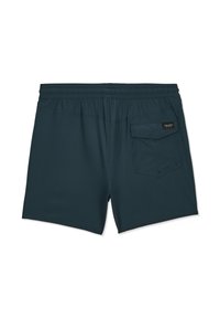 Shorts de bain bleu foncé avec taille élastique et une poche arrière unique équipée d'un rabat et d'œillets métalliques pour le drainage.