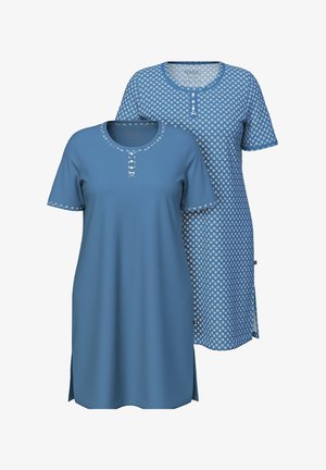 Twee blauwe nachthemden met korte mouwen, één effen blauw met een patroon langs de rand, de andere blauw met een witte geometrische all-over print.