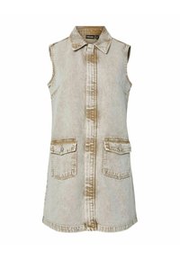 Gilet in denim senza maniche di un beige chiaro con chiusura anteriore a bottoni, due tasche sul petto e colletto classico. Presenta una texture sbiadita.