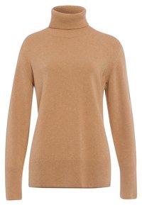 Pull à col roulé camel à manches longues avec poignets, col et ourlet côtelés, fabriqué en tissu tricoté doux.
