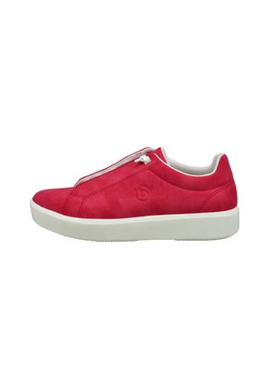 Red suede sneakers with a smooth finish, white rubber sole, and a rounded shape. Features decorative white laces and logo detail.