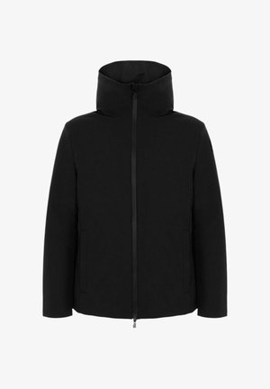 Giacca nera con cappuccio, chiusura frontale con cerniera e due tasche laterali, progettata per il clima freddo.