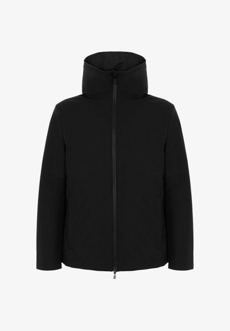 Giacca nera con cappuccio, chiusura frontale con cerniera e due tasche laterali, progettata per il clima freddo.