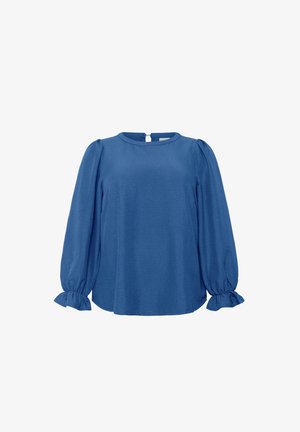 Blusa blu con scollatura rotonda, maniche lunghe a sbuffo e polsini arricciati. Realizzata in un tessuto testurizzato. Presenta un piccolo apertura sul retro.