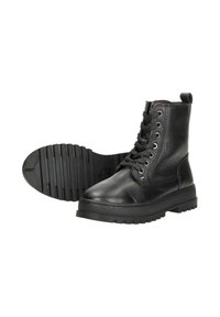 Zwarte leren veterschoenen met een gestructureerde afwerking, ronde neus, gevoerde kraag en massieve, profielzool. Voorzien van metalen oogjes voor de veters.