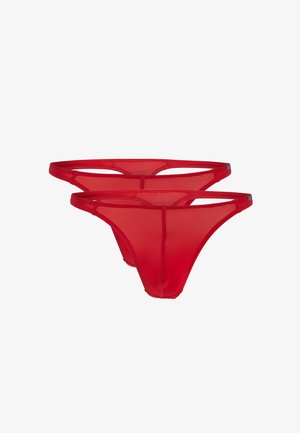 Røde gennemsigtige undertøj med et minimalistisk design, der har tynde stropper og et struktureret, let stof. Stilen inkluderer en tanga skæring og ingen synlige dekorationer.