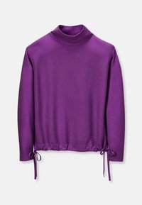 Lila långärmad polotröja tillverkad av textilier med struktur, med justerbara snören i nederkant för en rynkad passform.