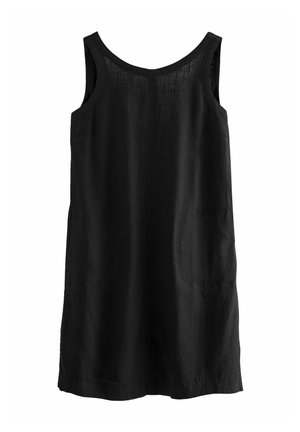 Black linen sleeveless dress featuring a straight cut, round neckline, and subtle side pockets. Soft, lightweight texture with minimal detailing.