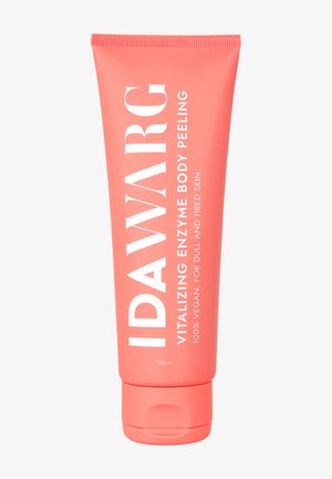 Tube corail avec le texte blanc portant la mention "PEELING CORPOREL ENZYMATIQUE VITALISANT IDAWARG", 125 ml, vegan, conçu pour les peaux ternes et fatiguées.