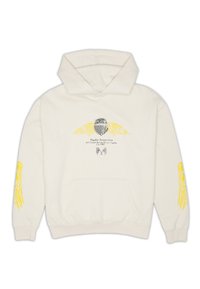 Krémová mikina s kapucí, která na rukávech a vpředu obsahuje žluté grafiky křídel. Mezi detaily nechybí přední klokanka a stahovací kapuce.
