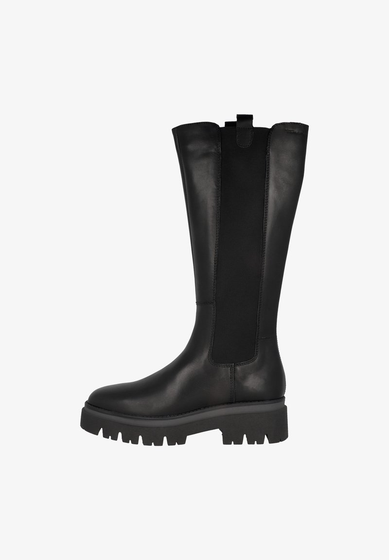Botte haute en cuir noir avec panneau latéral élastique, languette de tirage, bout arrondi et semelle épaisse à crampons profonds.