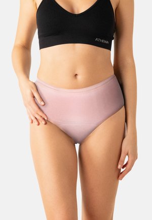Culotte taille haute rose en tissu lisse et extensible. Dotée d'une ceinture douce et de détails de couture subtils aux coutures.