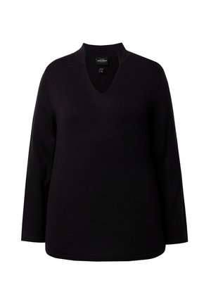 Zwarte longsleeve top met een V-hals en gestructureerde halslijn. Soepele textuur en ontspannen pasvorm, met een rechte zoom en minimale details.