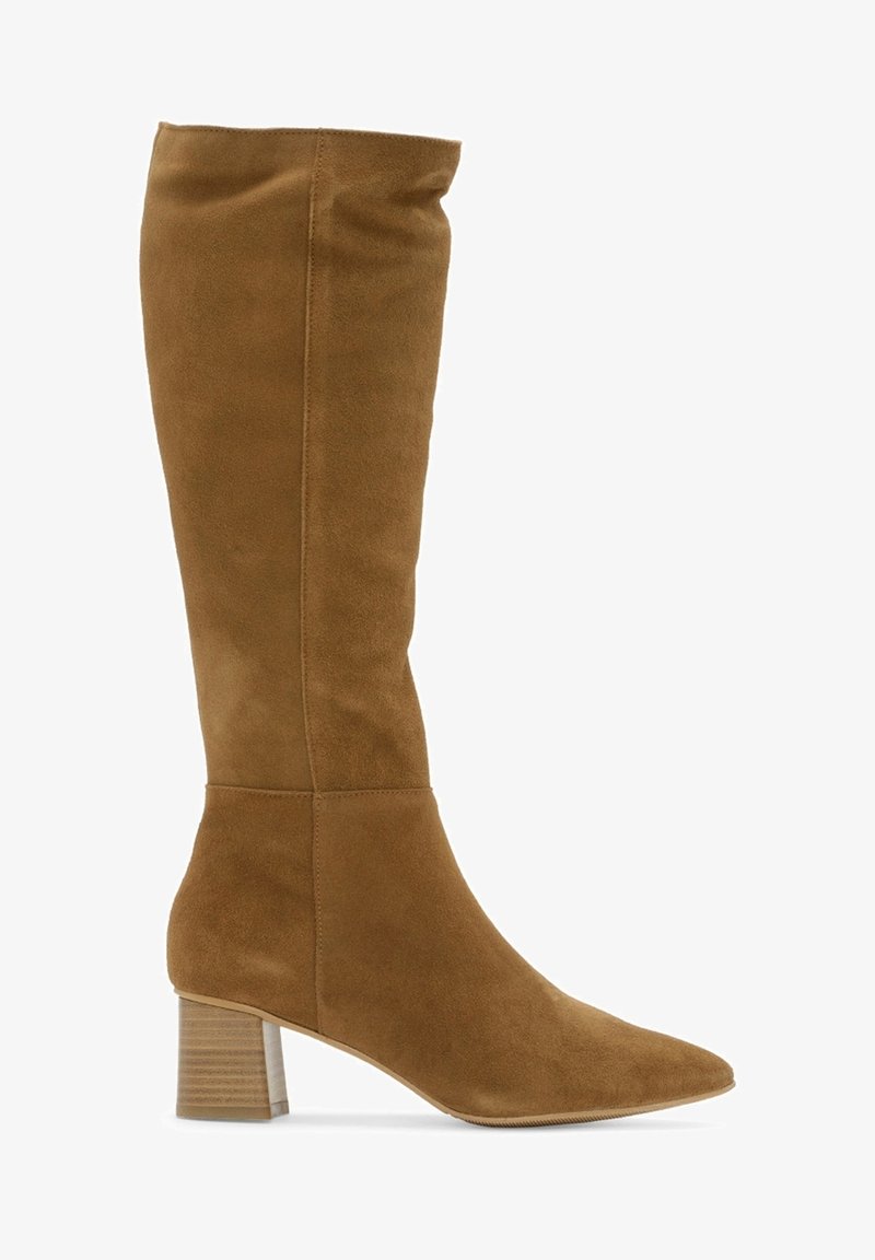 Brown suede knee-high boot with a pointed toe and a stacked wooden block heel. Smooth texture with subtle stitching details.
