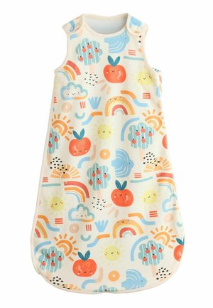 Ärmelloser Babyschlafsack mit lächelnden Sonnen, Regenbögen, Äpfeln, Wolken, Bäumen und Vögeln in Pastellblau-, Orange- und Gelbtönen.