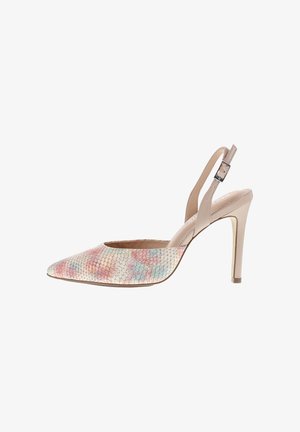 High-heeled women's slingback shoe with pointed toe, pastel floral snakeskin pattern on front, and beige strap with buckle.