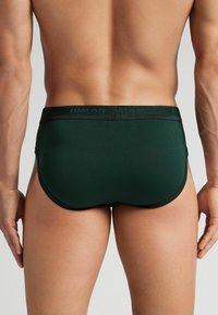 Zielone męskie bokserki o gładkiej tkaninie, z kontrastującym czarnym pasem w talii z nazwą marki oraz dopasowanym, ukształtowanym krojem.