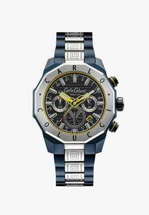 Achtkantige Uhr mit schwarzem Ziffernblatt, silberfarbener Gehäuse und blauem Metallarmband. Verfügt über gelbe Akzente, Chronographen-Subdials und ein strukturiertes Muster.