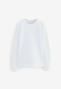 Vit långärmad sweatshirt i texturerat tyg med rund halsringning och ribbade ärmslut, med ett subtilt diamantmönster genom hela plagget.