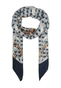 Zijden sjaal met een ketting- en schoenpatroon in marineblauw, wit en oranje. Het heeft een gladde textuur met toelopende uiteinden.