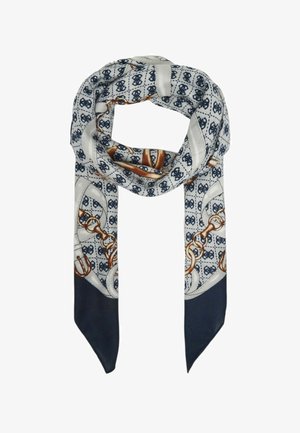 Foulard di seta con motivo a catena e scarpe nei colori blu navy, bianco e arancione. Ha una trama liscia con estremità affusolate.