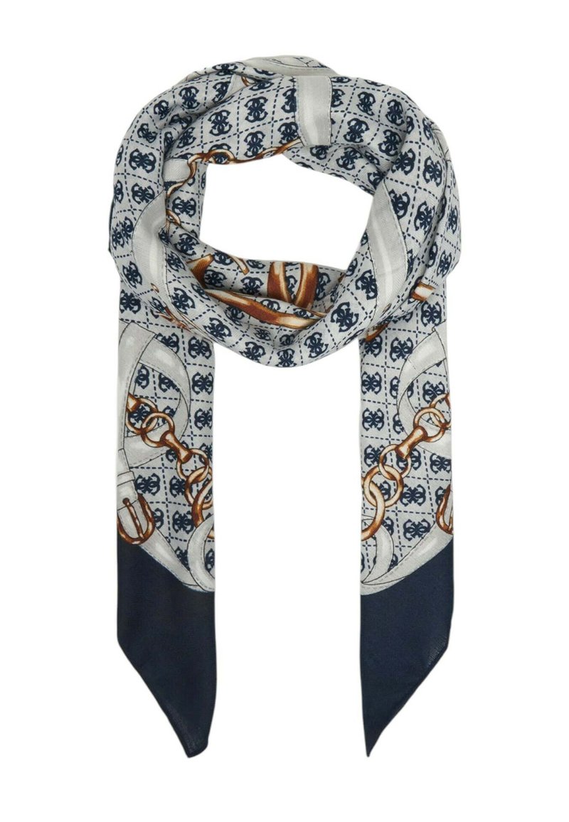 Zijden sjaal met een ketting- en schoenpatroon in marineblauw, wit en oranje. Het heeft een gladde textuur met toelopende uiteinden.