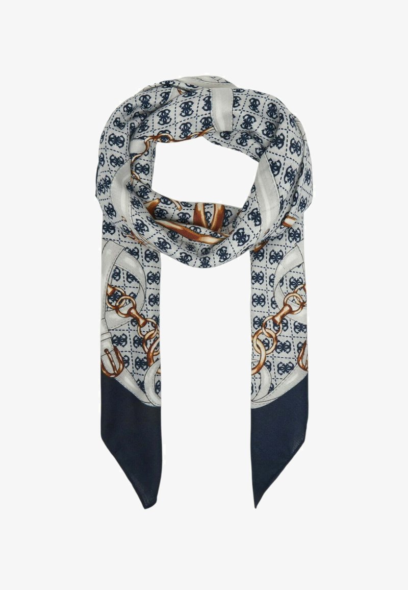 Zijden sjaal met een ketting- en schoenpatroon in marineblauw, wit en oranje. Het heeft een gladde textuur met toelopende uiteinden.