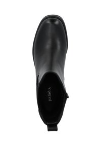 Bota de tobillo de cuero negro con un acabado suave, punta redondeada, cremallera lateral y una lengüeta en la parte posterior. Forro interior visible.