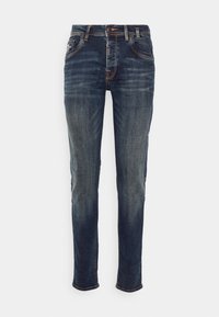 Jean en denim bleu foncé avec une coupe slim, dotés de cinq poches, de coutures contrastées et d'une fermeture à bouton. Texture douce avec un léger délavage.