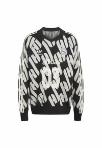 Černý svetr s abstraktním bílým vzorem, s véčkovým výstřihem, dlouhými rukávy, třemi pruhy na rukávech a potisky '03' a 'adidas'.