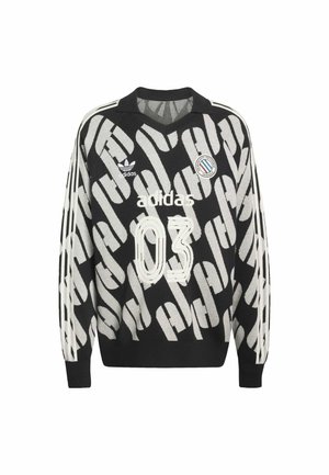 Zwarte trui met abstract wit patroon, voorzien van een v-hals, lange mouwen, drie strepen op de armen en bedrukking met '03' en 'adidas'.