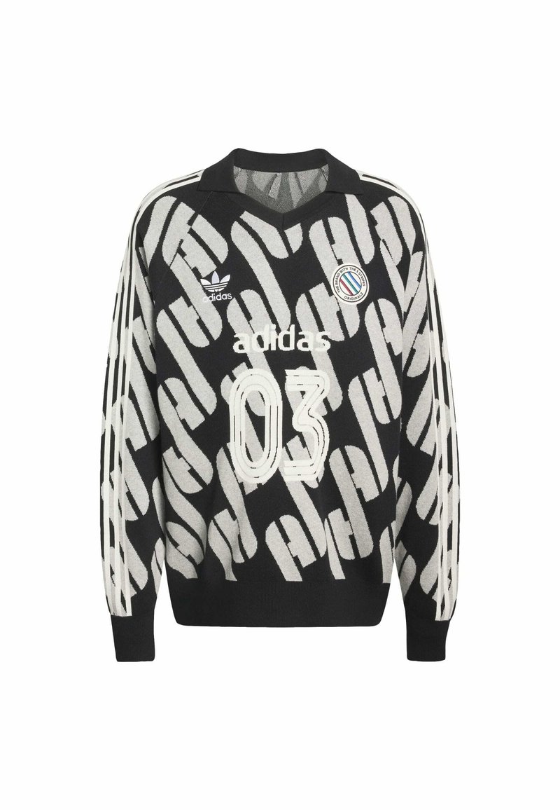 Maglione nero con motivo astratto bianco, con scollo a V, maniche lunghe, tre strisce sulle braccia e stampe con "03" e "adidas".