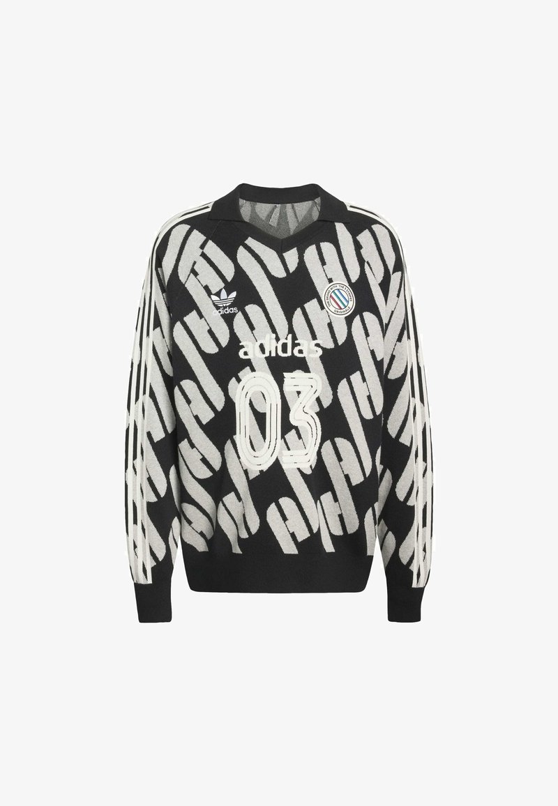 Maglione nero con motivo astratto bianco, con scollo a V, maniche lunghe, tre strisce sulle braccia e stampe con "03" e "adidas".