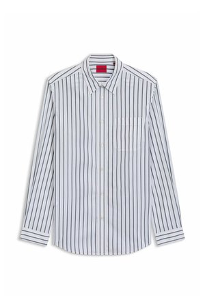 White striped shirt with narrow navy blue vertical stripes, button-down collar, single chest pocket, and long sleeves with buttoned cuffs.