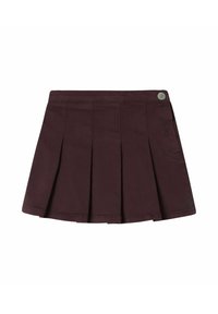 Gonna plissettata bordeaux realizzata in tessuto misto cotone, con fascia in vita e dettaglio di bottone argentato sul lato destro.