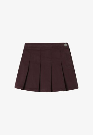 Burgundská skladaná sukně z bavlněné směsi, se širším pasem a stříbrným knoflíkem na pravé straně.