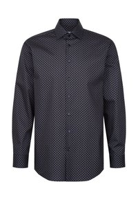 Langärmeliges, dunkelblaues Hemd mit einem geometrischen Muster in Orange- und Hellblautönen. Mit einem normalen Kragen und Knopfleiste vorne ausgestattet.