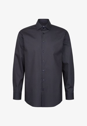 Koszula z długim rękawem w ciemnym granacie z geometrycznym wzorem w odcieniach pomarańczowego i jasnoniebieskiego. Posiada klasyczny kołnierzyk oraz zapinany na guziki przód.