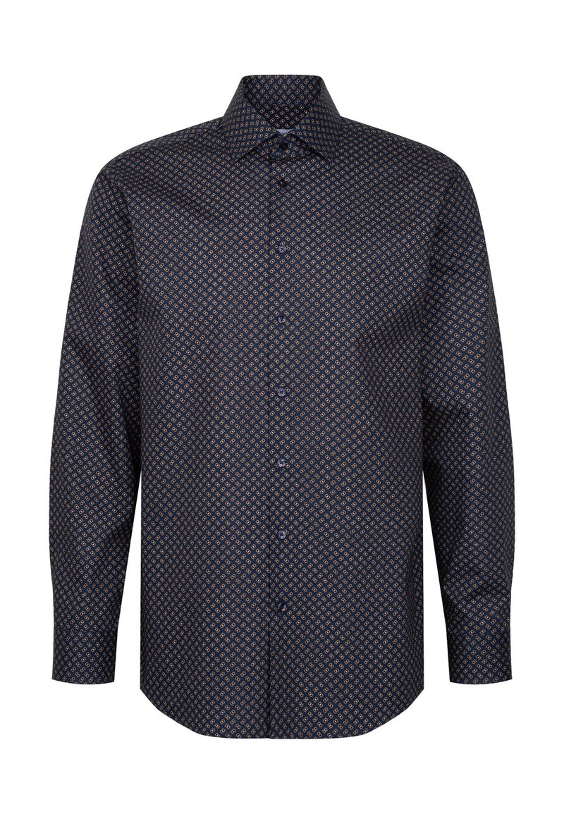 Langärmeliges, dunkelblaues Hemd mit einem geometrischen Muster in Orange- und Hellblautönen. Mit einem normalen Kragen und Knopfleiste vorne ausgestattet.
