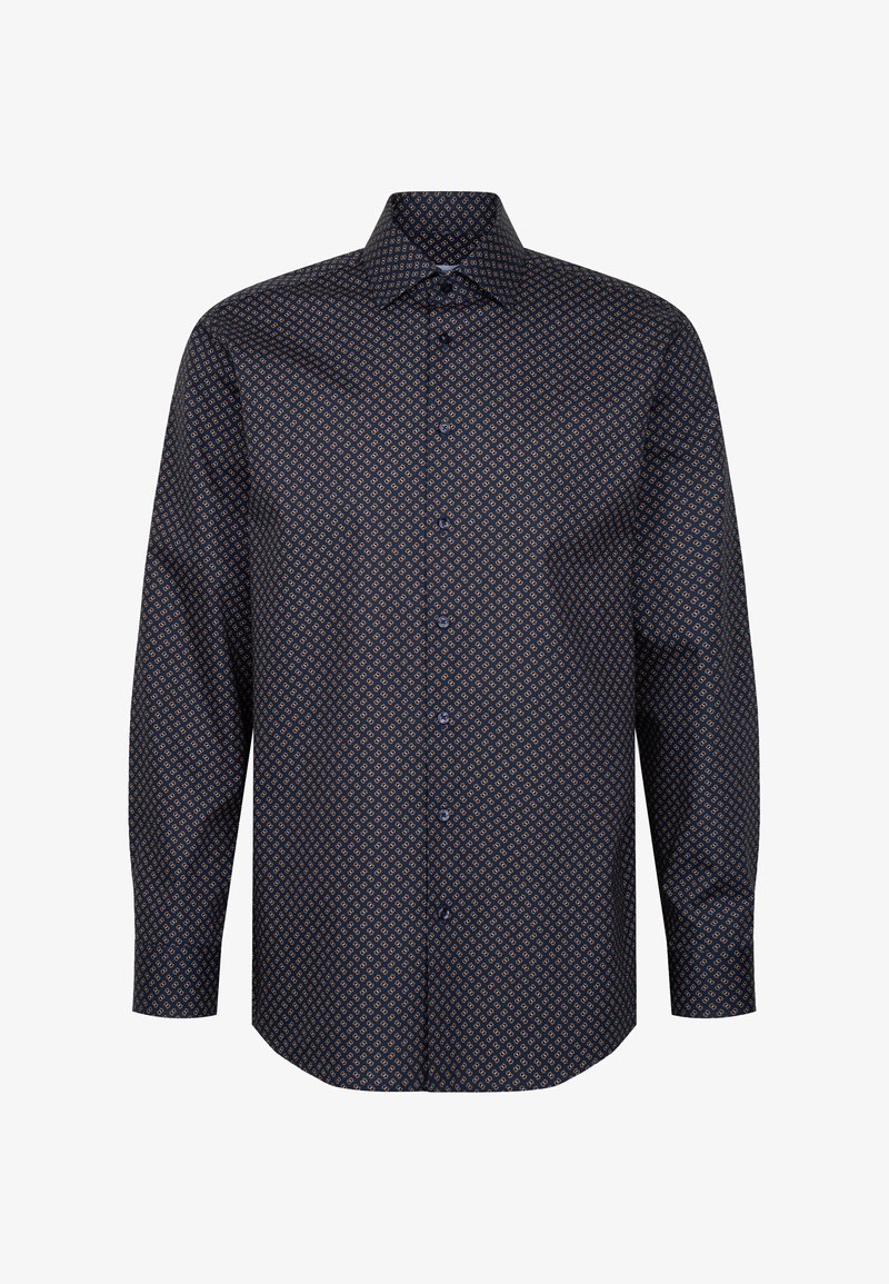 Langärmeliges, dunkelblaues Hemd mit einem geometrischen Muster in Orange- und Hellblautönen. Mit einem normalen Kragen und Knopfleiste vorne ausgestattet.