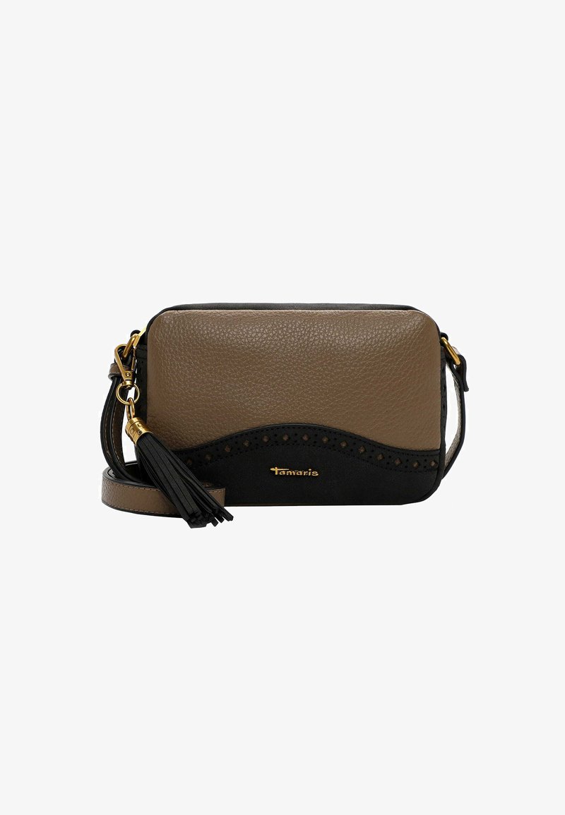 Braune Leder-Crossbody-Tasche mit schwarzen Akzenten, geschwungenem Design, goldenen Beschlägen und einem Quastendetail. Verfügt über ein perforiertes Muster entlang der Naht.