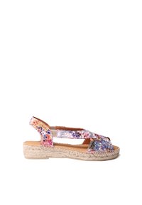 Mitmevärvilised espadrillid sandaalid, millel on kootud jute-pohjaga, ülekäimise elastsed rihmad ja avatud varvaste disain. Sile nahast vooder.