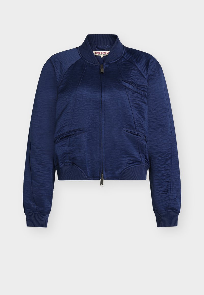 Μπλε ναυτικό μπουφάν bomber με υφασμάτινη υφή, κολάρα και τελειώματα με ριμπ ύφανση, εμπρόσθιο φερμουάρ και δύο πλαϊνές τσέπες με κομψό σχεδιασμό.