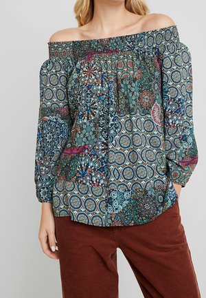 Schulterfreies Bluse mit einem mehrfarbigen Muster aus kreisförmigen und floralem Designs, elastischem Halsauschnitt und langen puffigen Ärmeln.