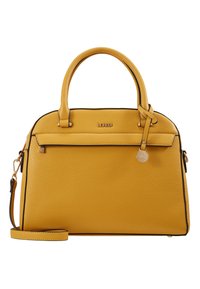 Żółta skórzana torebka o fakturze, z podwójnymi uchwytami, odpinanym paskiem na ramię, bocznym zamkiem błyskawicznym, czarnymi wykończeniami i metalowym akcentem z logo.