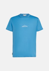 Camiseta de manga corta azul claro, hecha de una tela suave. Presenta un cuello redondo y un logo de montaña "Icebreaker" en blanco en el pecho.