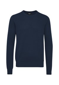 Marineblauer Pullover, Rundhalsausschnitt, lange Ärmel, strukturiertes Strickdesign, gerippte Bündchen und Saum, Etikett an der unteren linken Seite.