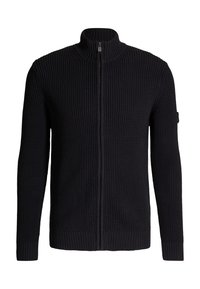 Zwarte sweater met ritssluiting, met een gestructureerd breipatroon, hoge hals en geribbelde boorden aan mouwen en zoom. Voorzien van een logopatch op de linkermouw.