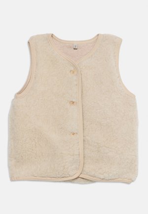 Cream-colored sleeveless fleece vest with round neckline and three wooden buttons down the front.