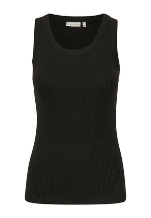 Débardeur noir côtelé avec un col rond et une coupe sans manches. Texture lisse, coupe ajustée, sans logos ni ornements visibles.